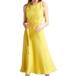 Unlined Amala open back yellow linen midi dress, minimalist, wedding guest